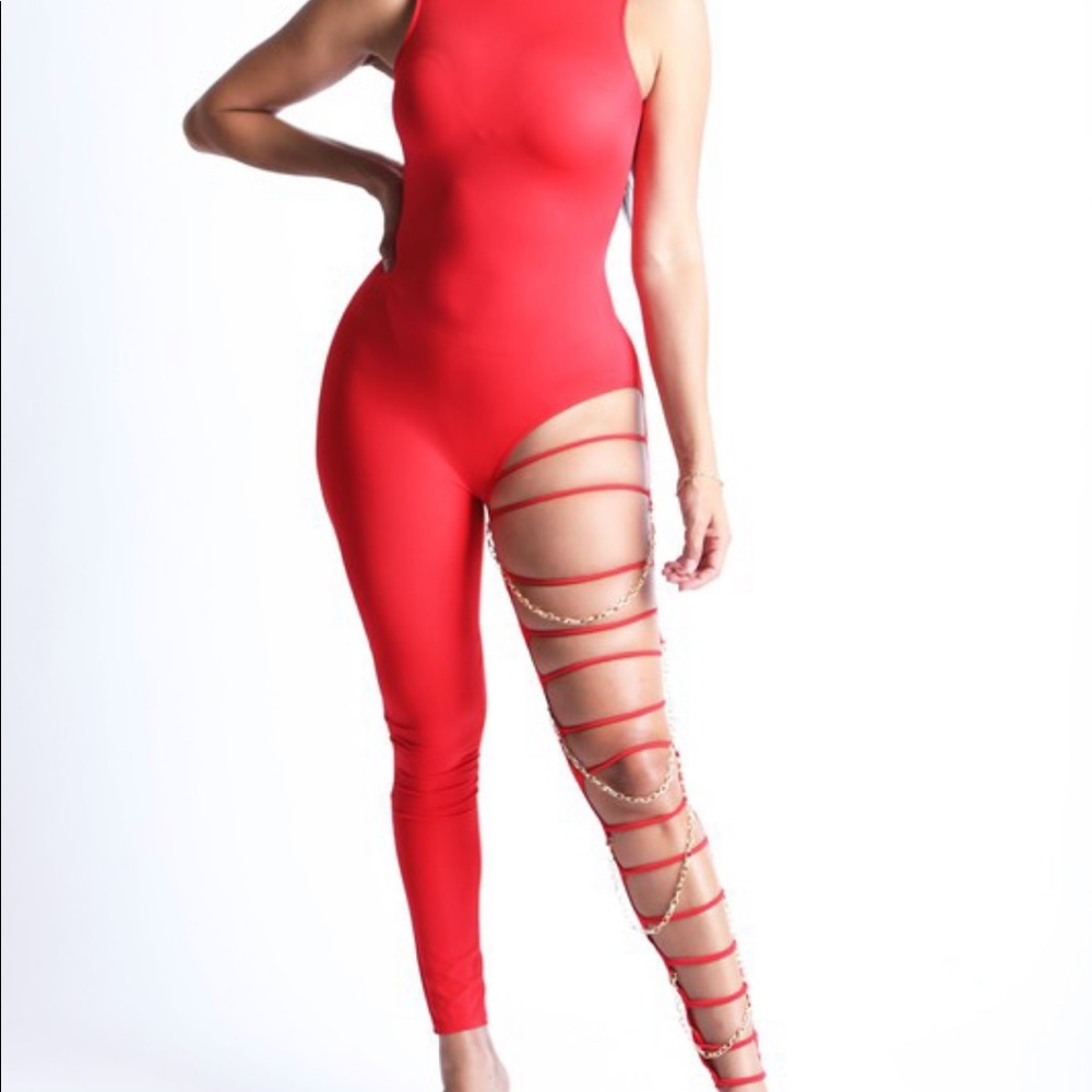 Red Gold Chain Stretchy Cut Out Jumpsuit